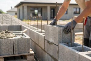 Bloczki szalunkowe RAK-BUD ułożone na palecie, gotowe do budowy fundamentów i ścian betonowych