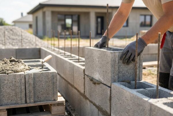 Bloczki szalunkowe RAK-BUD ułożone na palecie, gotowe do budowy fundamentów i ścian betonowych