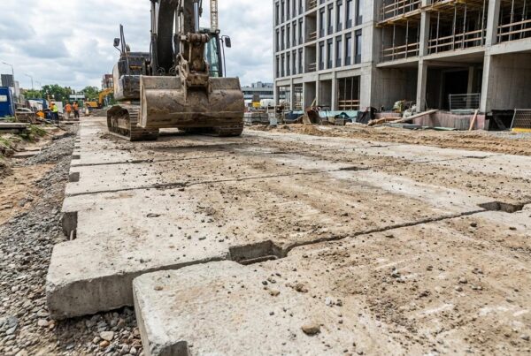 Płyty drogowe RAK-BUD ułożone na placu składowym wśród prefabrykatów betonowych