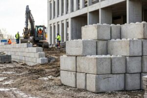 Prefabrykowane betonbloki RAK-BUD ułożone na palecie na placu produkcyjnym