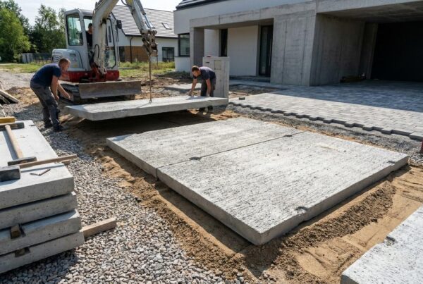 Płyty drogowe z betonu RAK-BUD ułożone na placu produkcyjnym